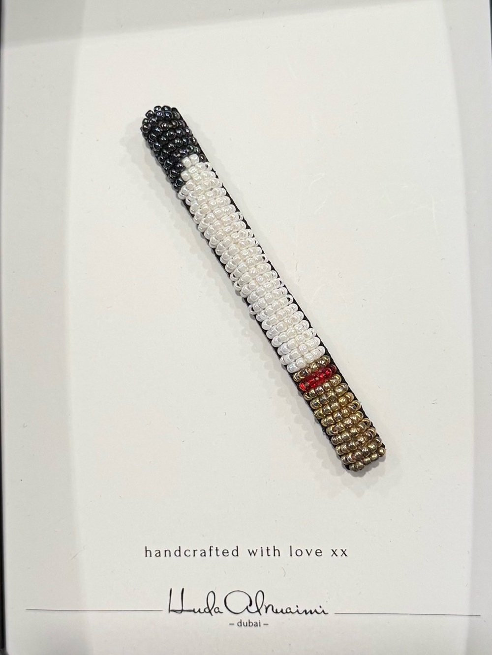 Beaded Barrette Hair Clip - Black, White, Gold with Red Accent